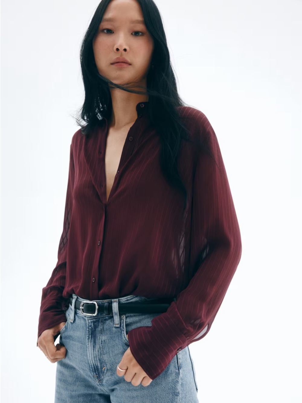 Women's Long-Sleeve Flowy Button-Down Blouse - Burgundy